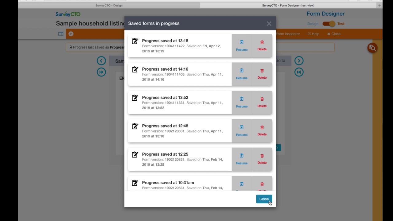 SurveyCTO form testing interface